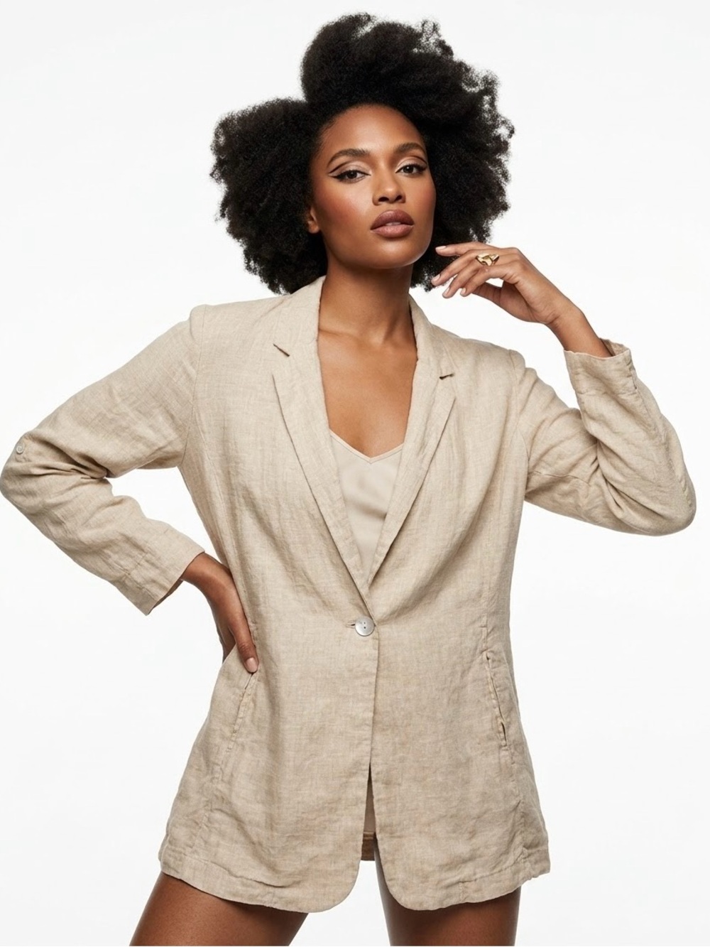 Christian Siriano Linen Blazer Cream Long Sleeve Mother of Pearl Pocket Medium